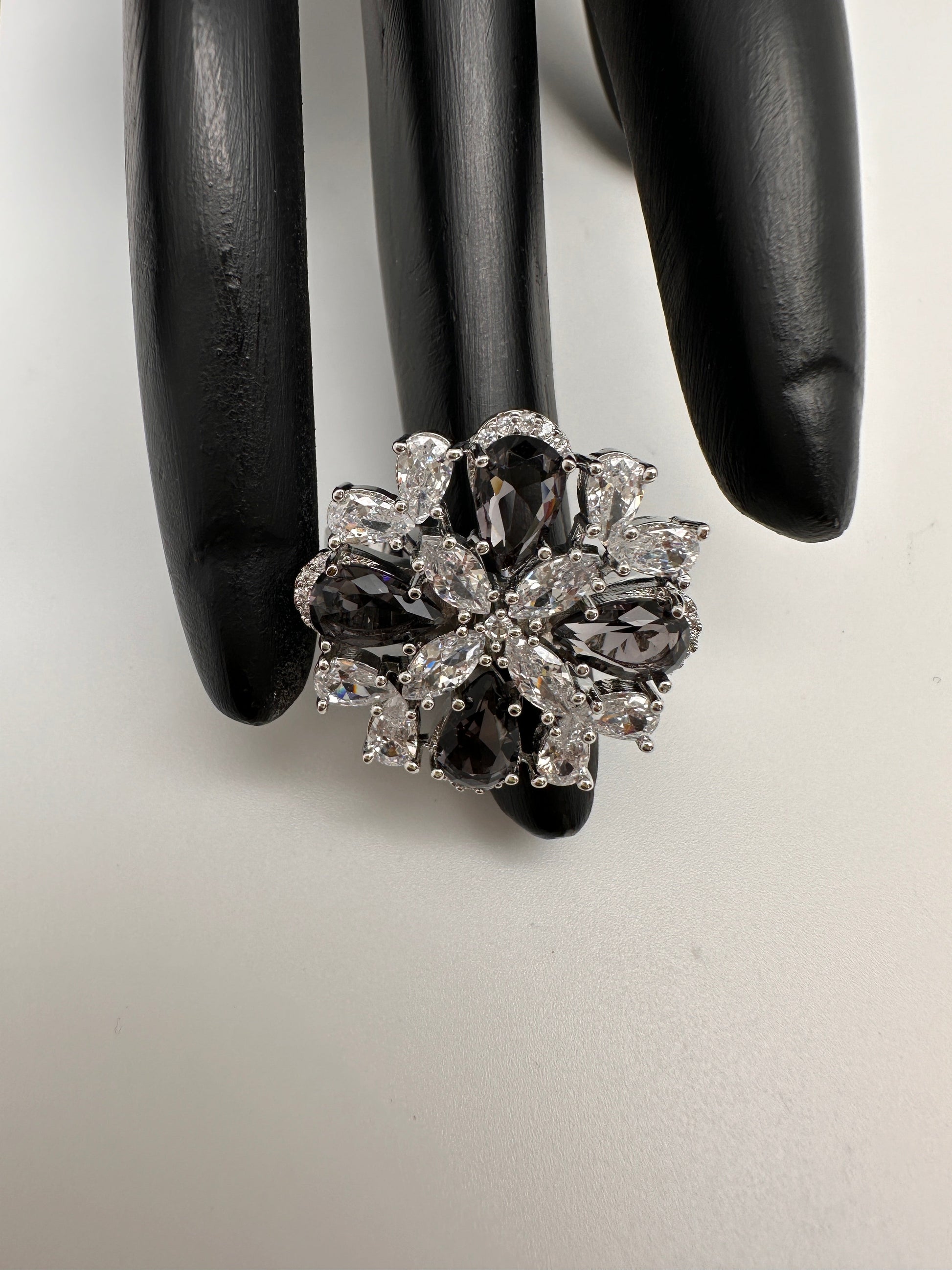 AD Silver Adjustable Color Stone Ring - Black