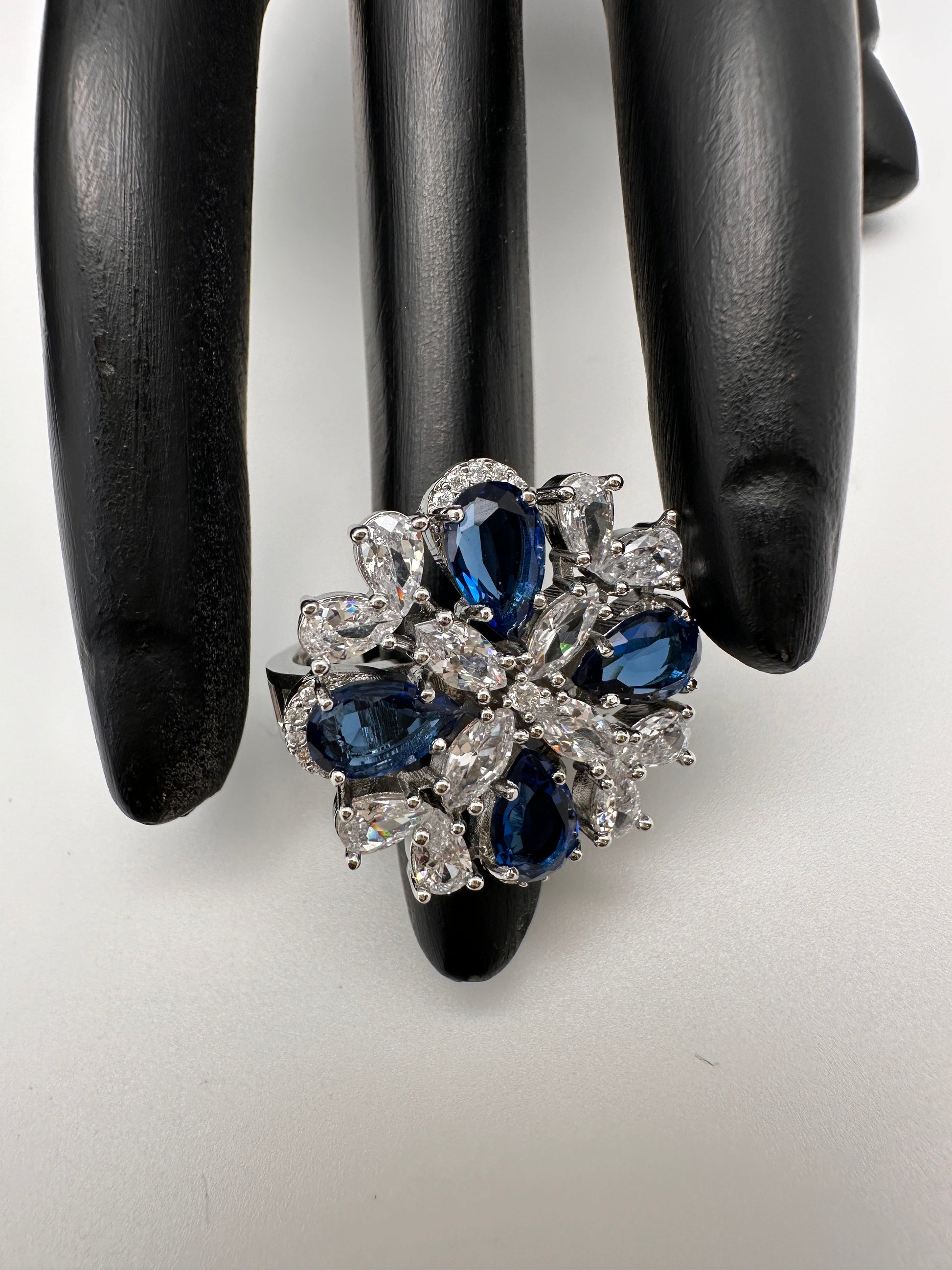 AD Silver Adjustable Color Stone Ring - Blue