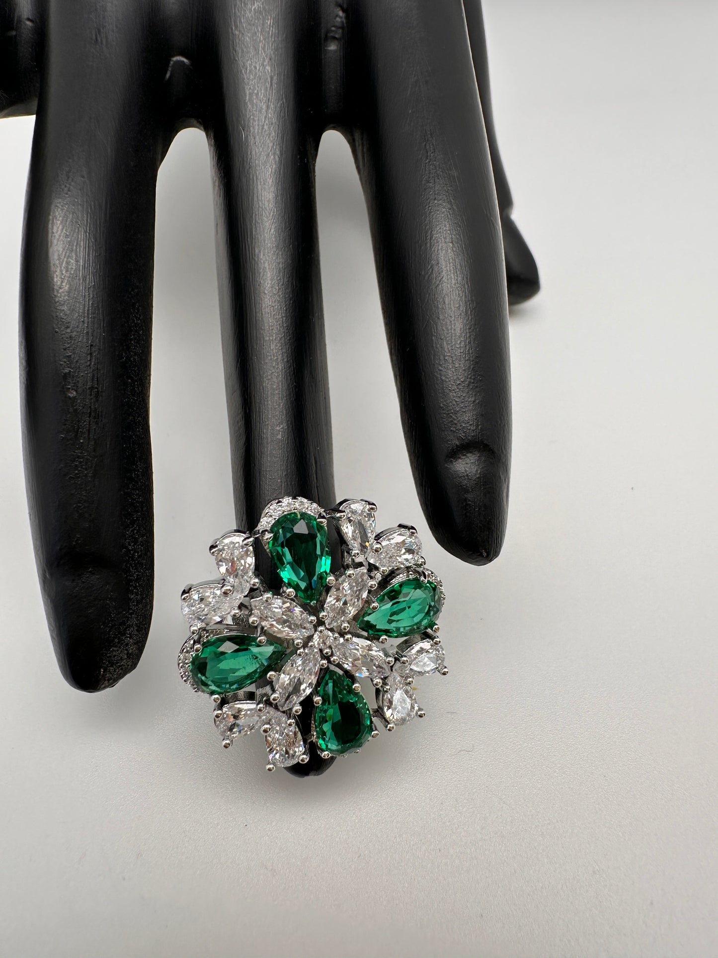 AD Silver Adjustable Color Stone Ring - Green