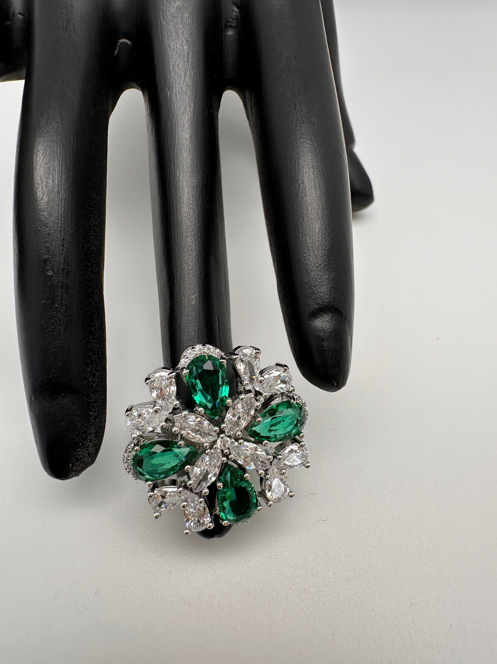 AD Silver Adjustable Color Stone Ring - Green