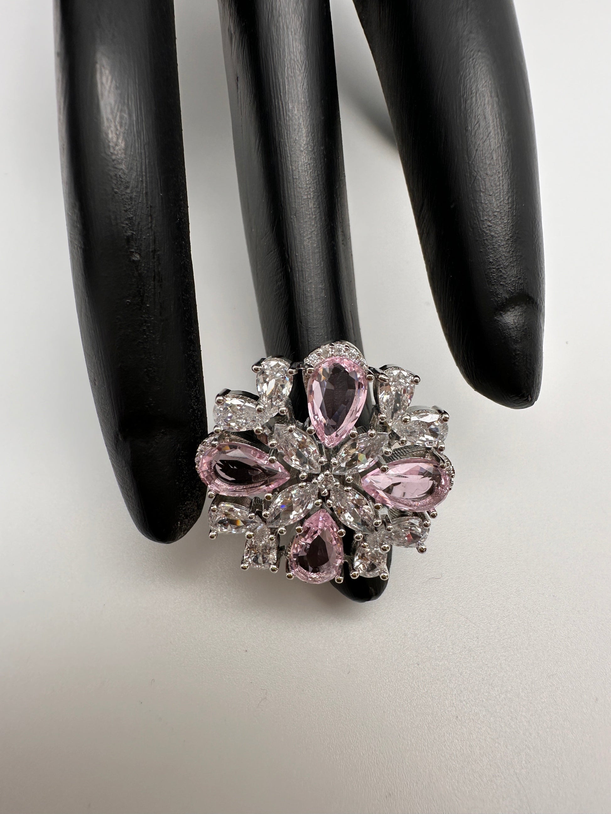AD Silver Adjustable Color Stone Ring - Pink