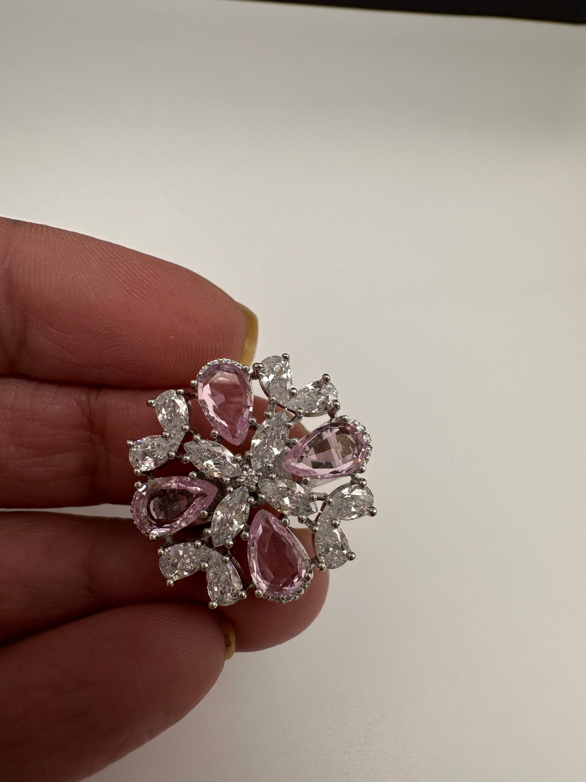 AD Silver Adjustable Color Stone Ring - Pink