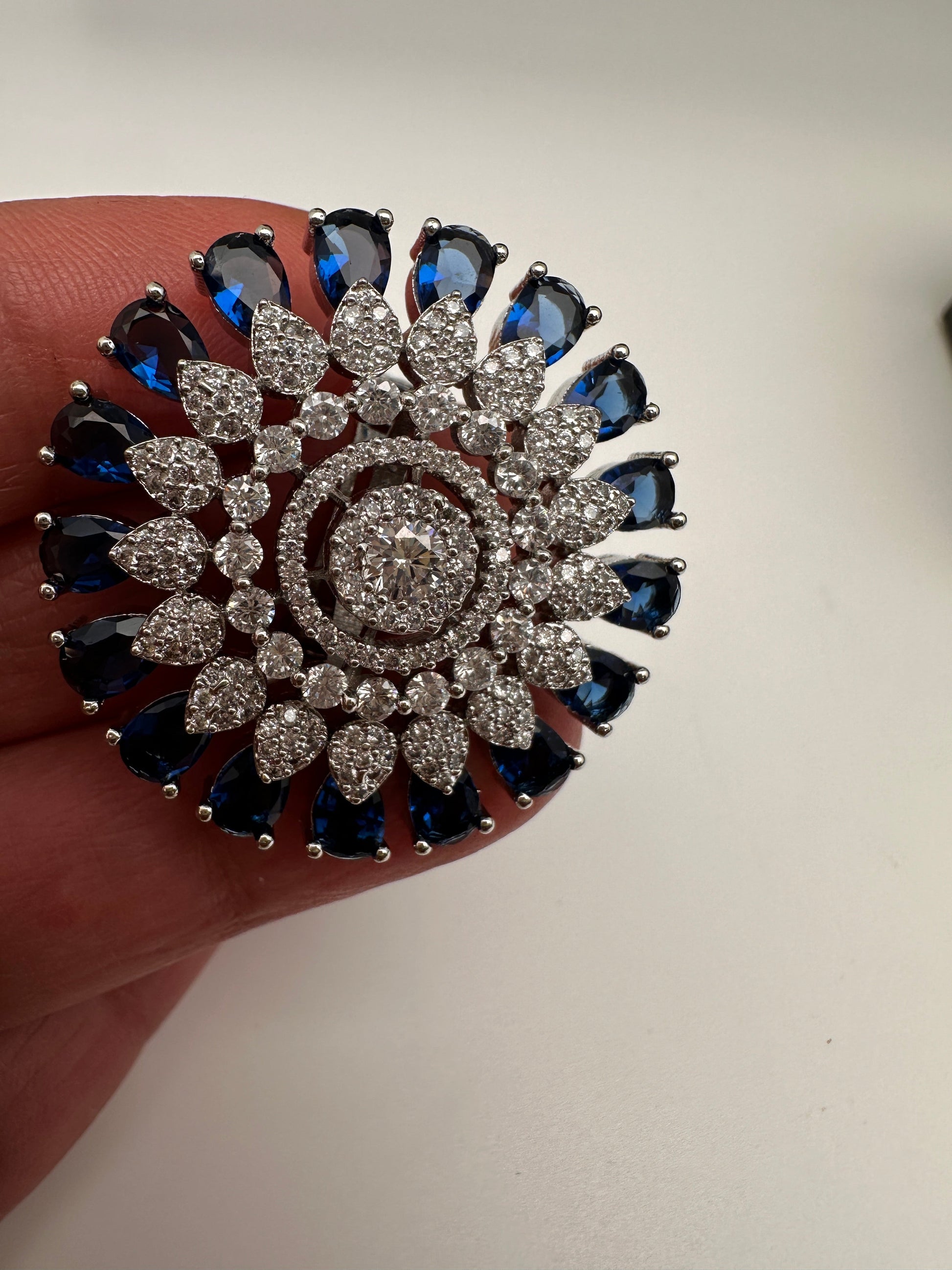 AD Silver Adjustable Color Stone Cocktail lRing - Blue