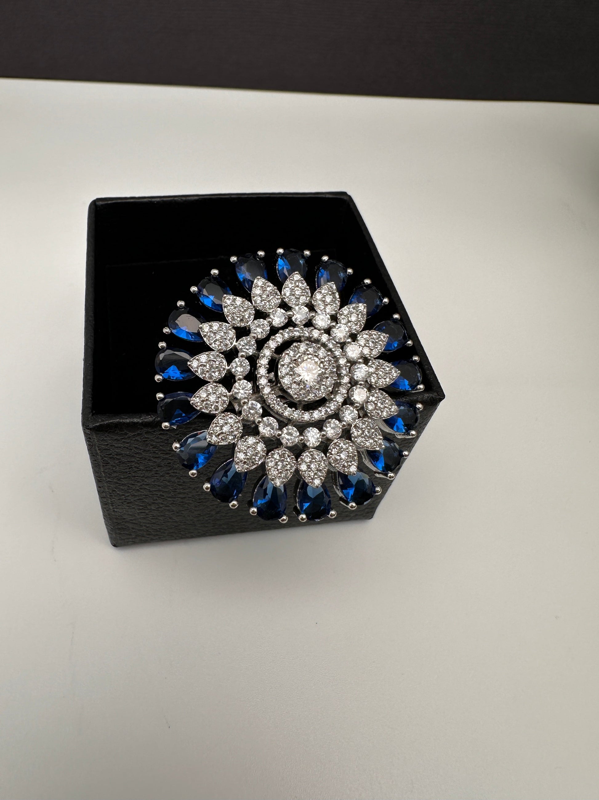 AD Silver Adjustable Color Stone Cocktail lRing - Blue
