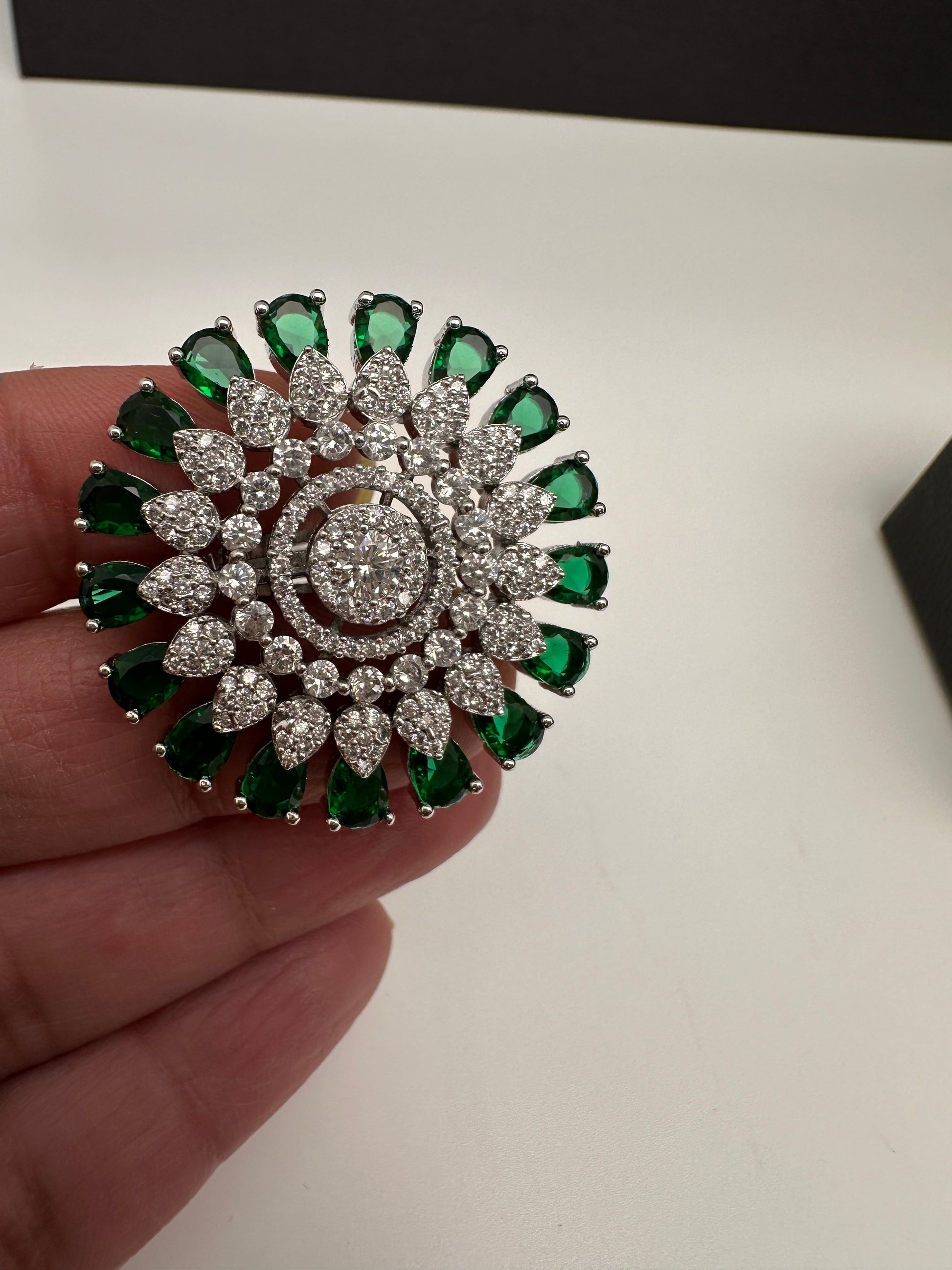 AD Silver Adjustable Color Stone Cocktail lRing - Green