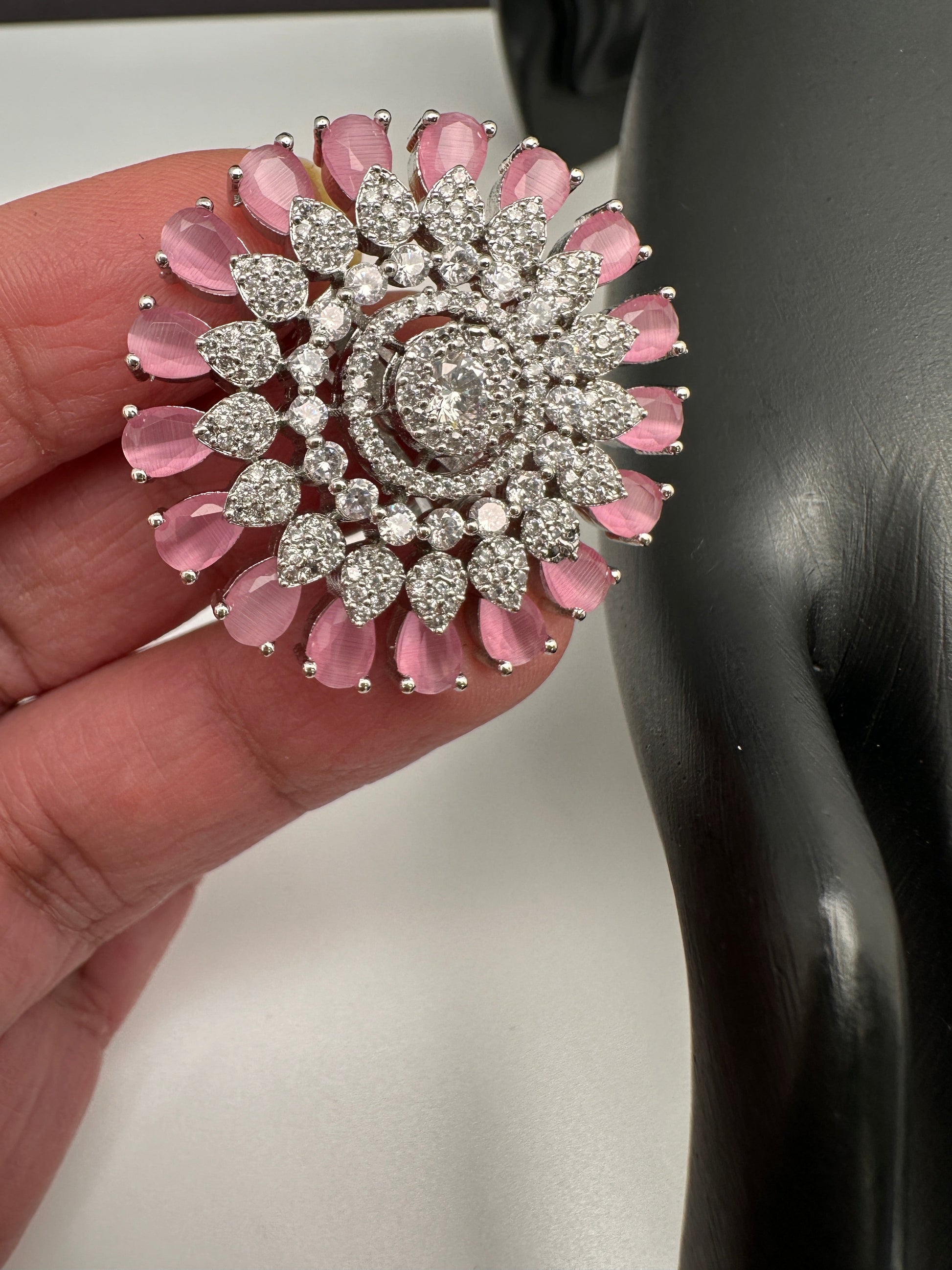 AD Silver Adjustable Color Stone Cocktail lRing - Pink