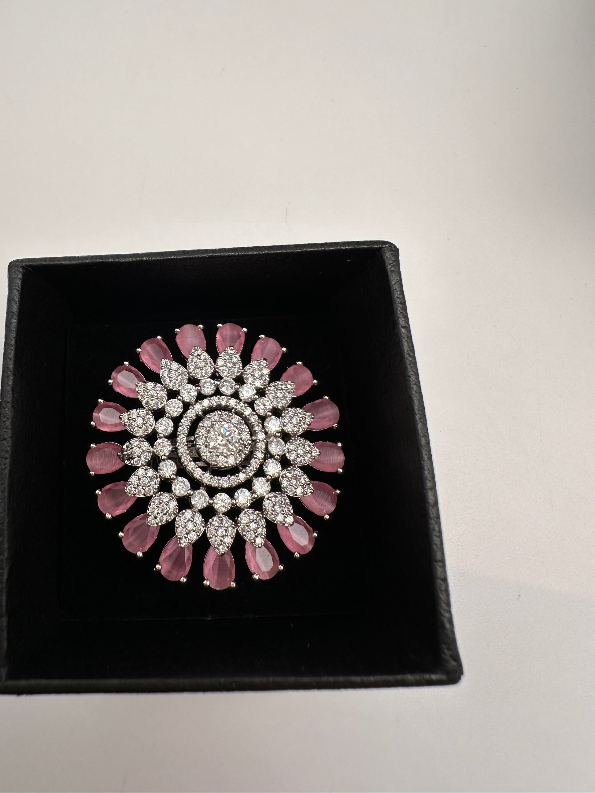 AD Silver Adjustable Color Stone Cocktail lRing - Pink