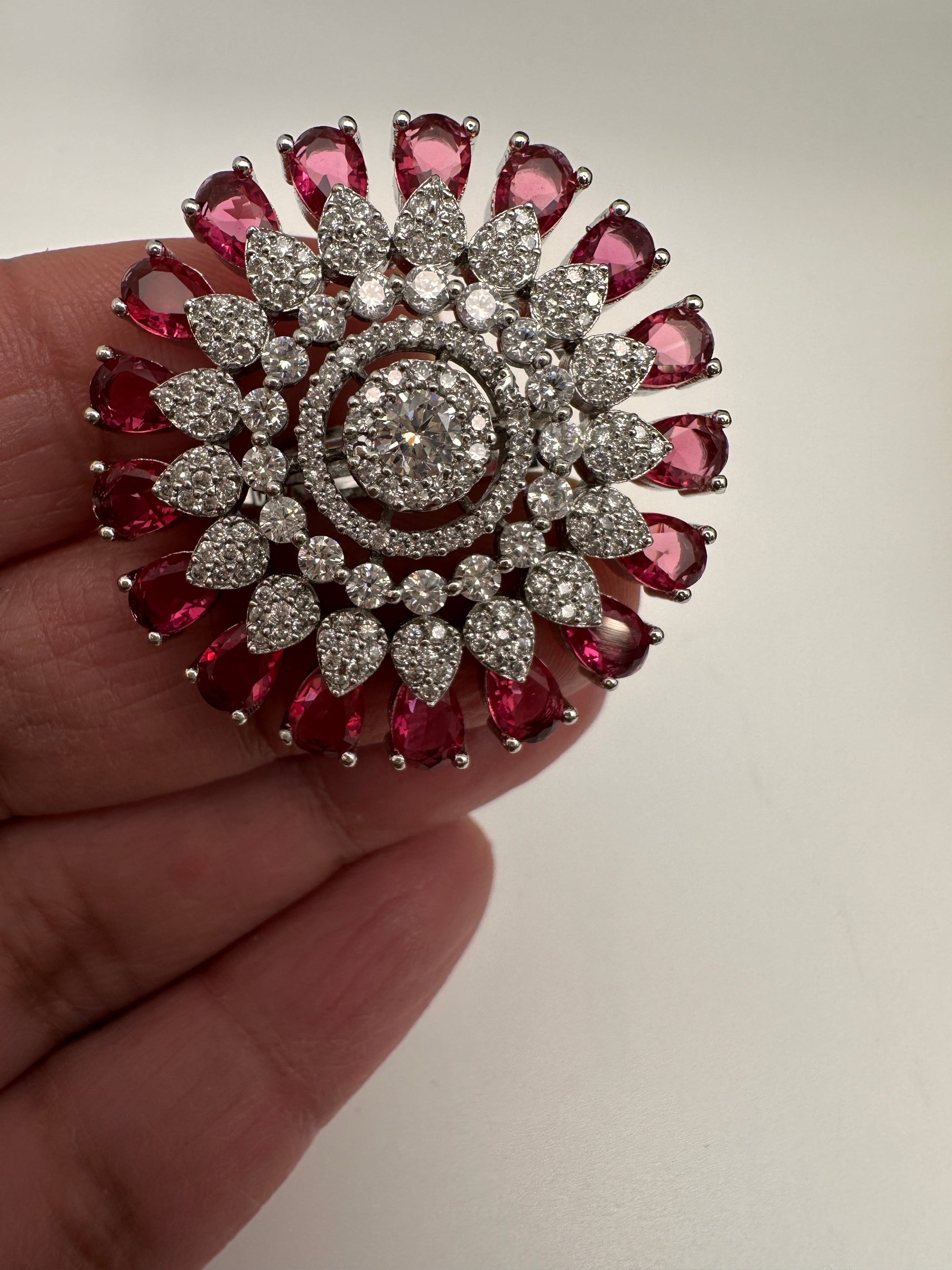 AD Silver Adjustable Color Stone Cocktail lRing - Red