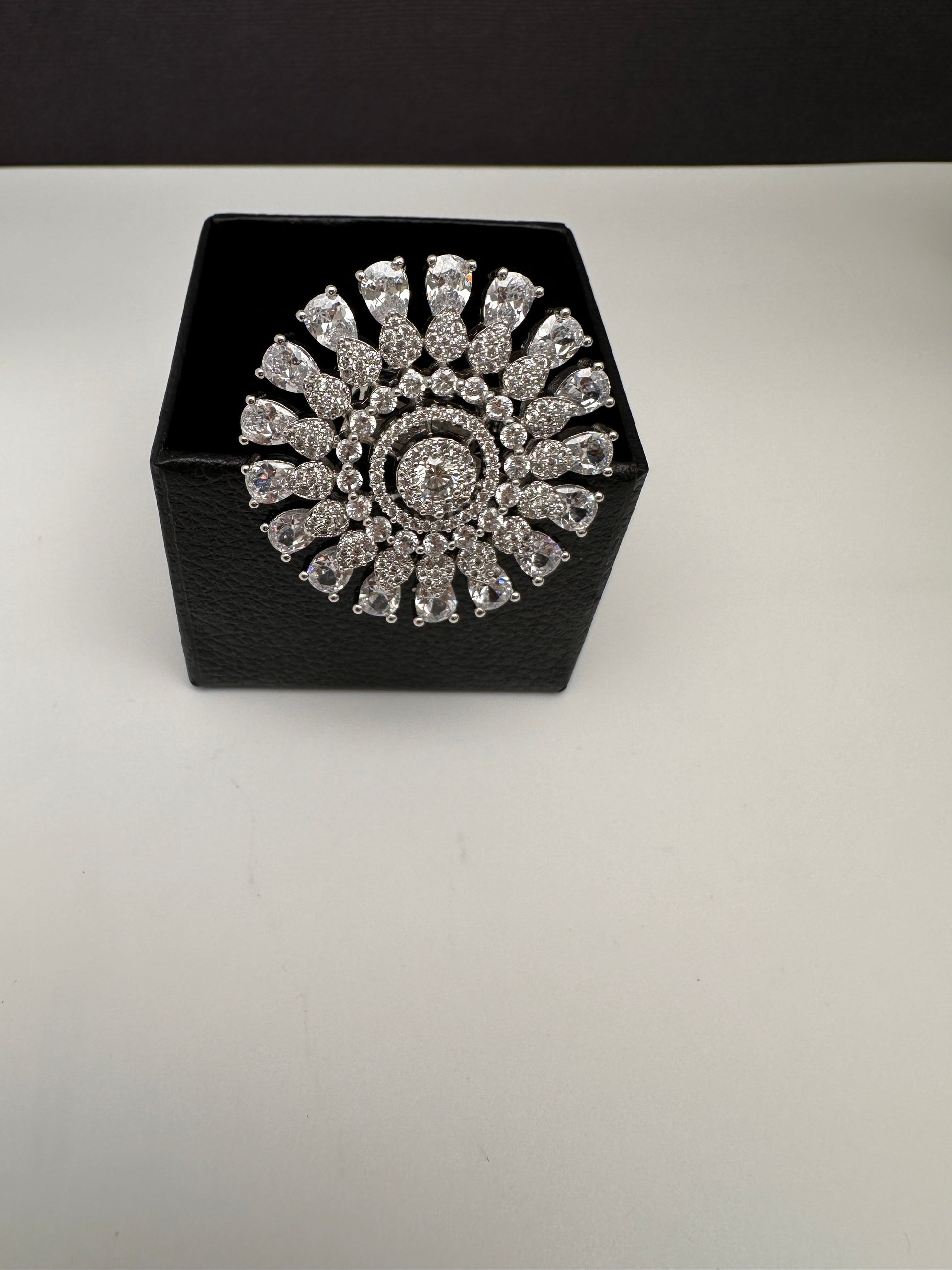 AD Silver Adjustable Color Stone Cocktail lRing - White