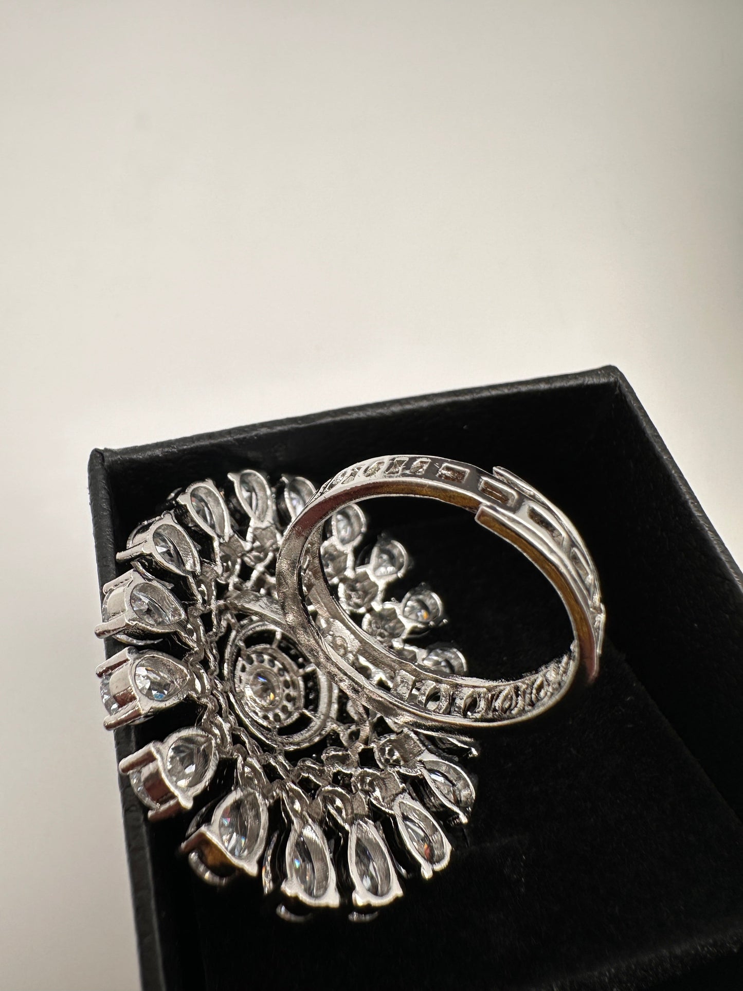 AD Silver Adjustable Color Stone Cocktail lRing - White