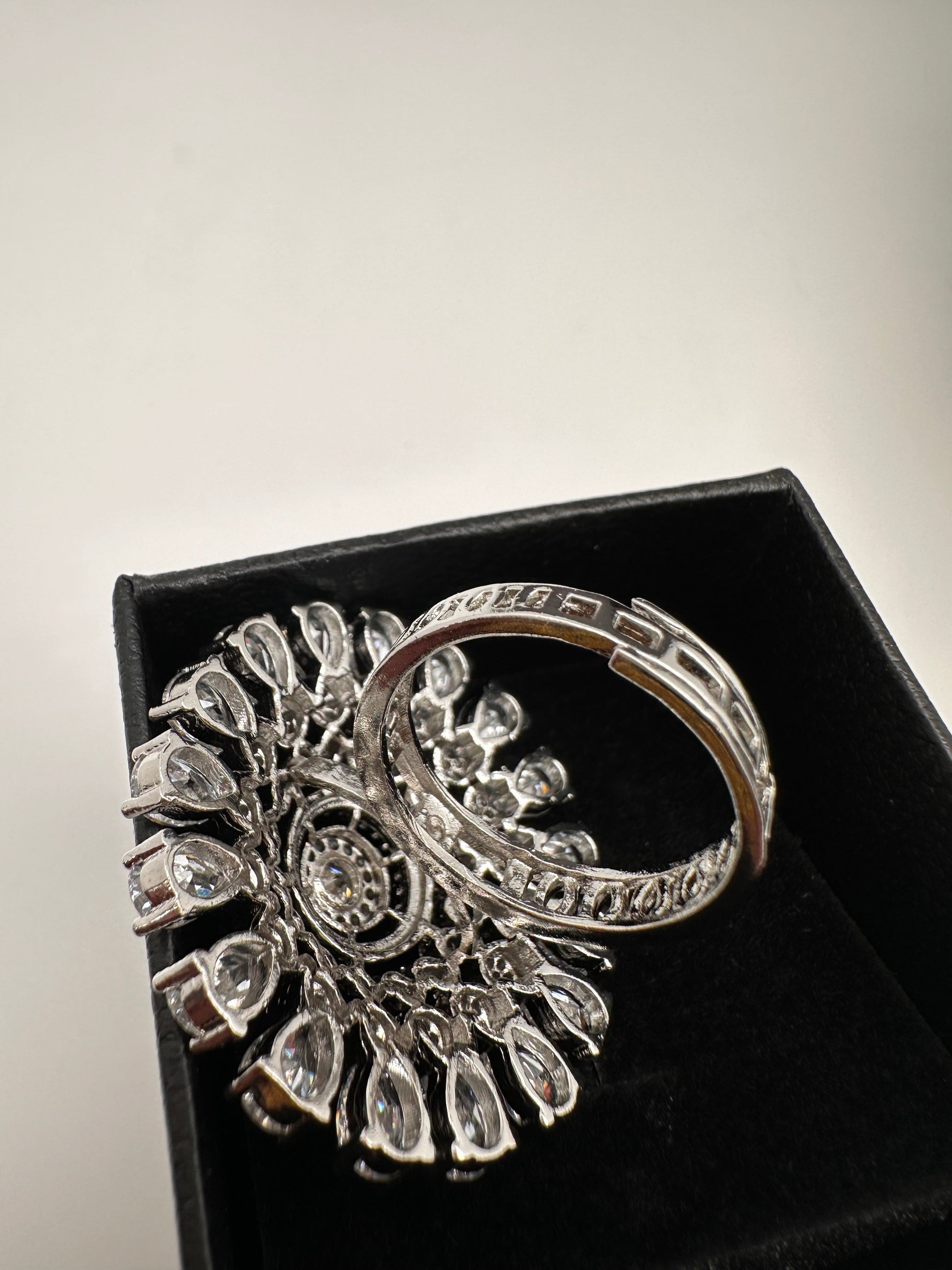 AD Silver Adjustable Color Stone Cocktail lRing - White