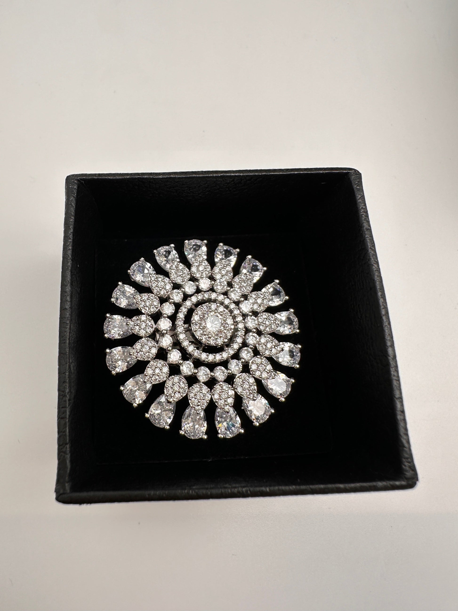 AD Silver Adjustable Color Stone Cocktail lRing - White