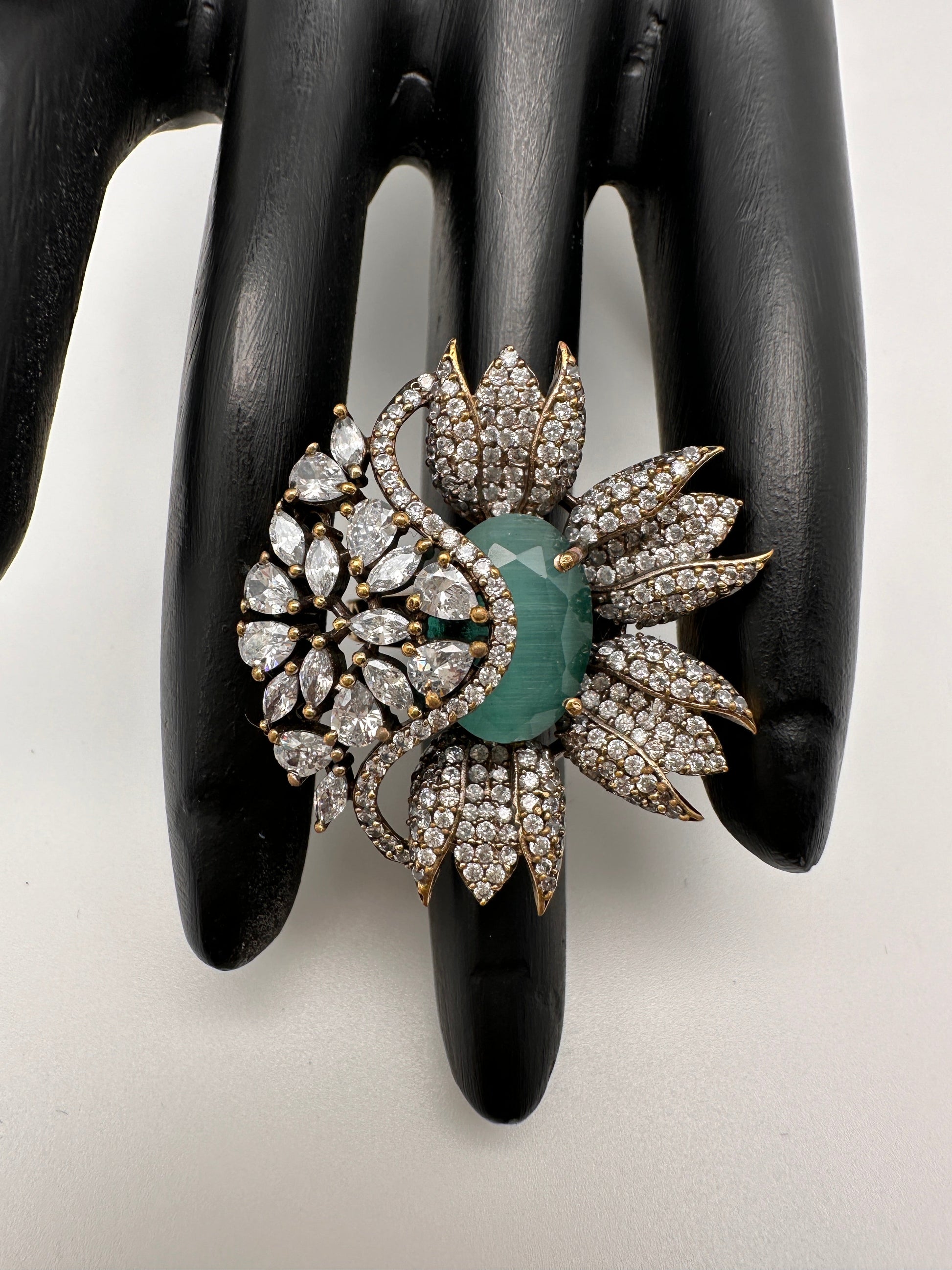 AD Silver Adjustable Color Stone Cocktail lRing - LightGreen