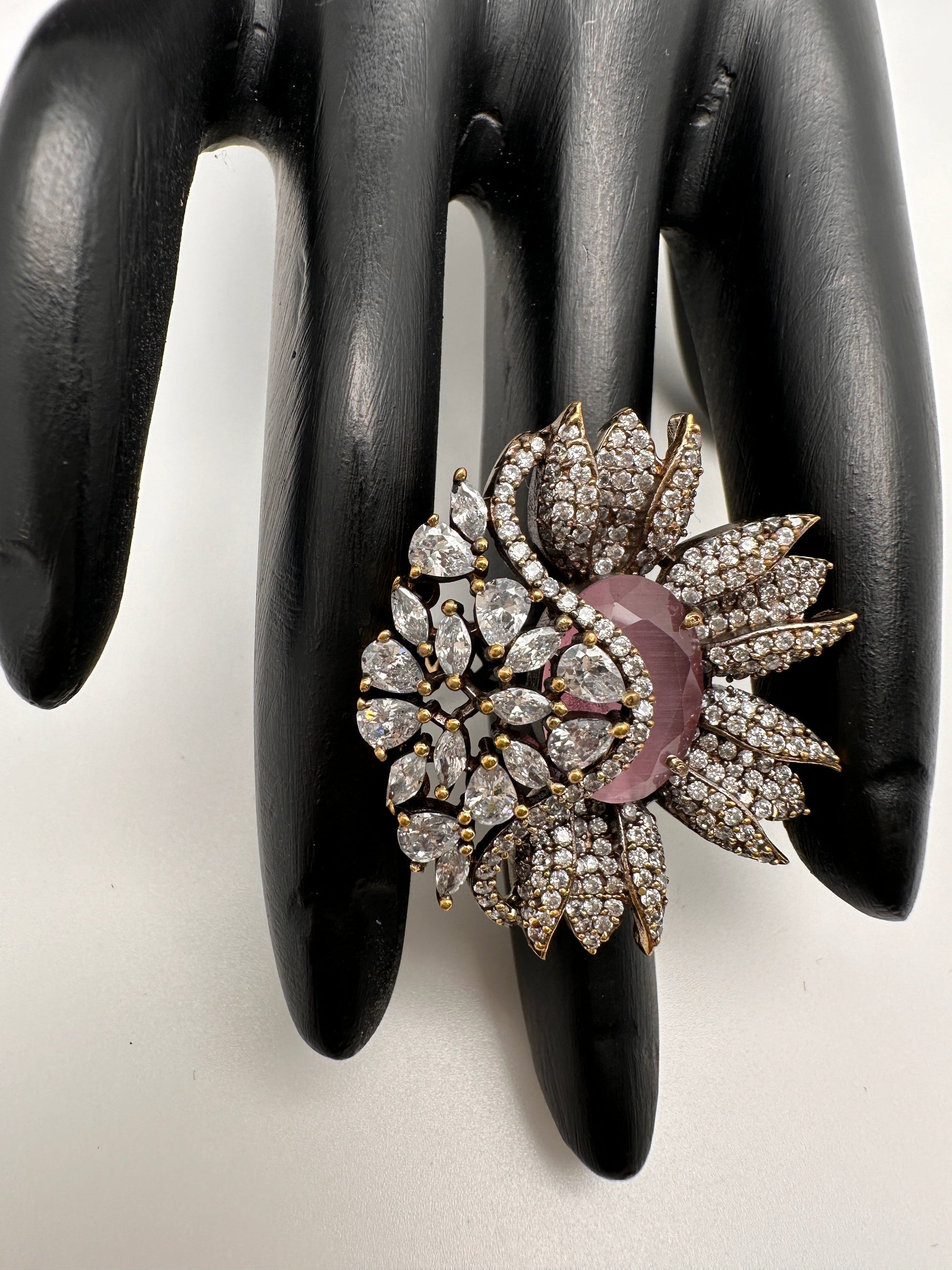 AD Silver Adjustable Color Stone Cocktail lRing - Pink