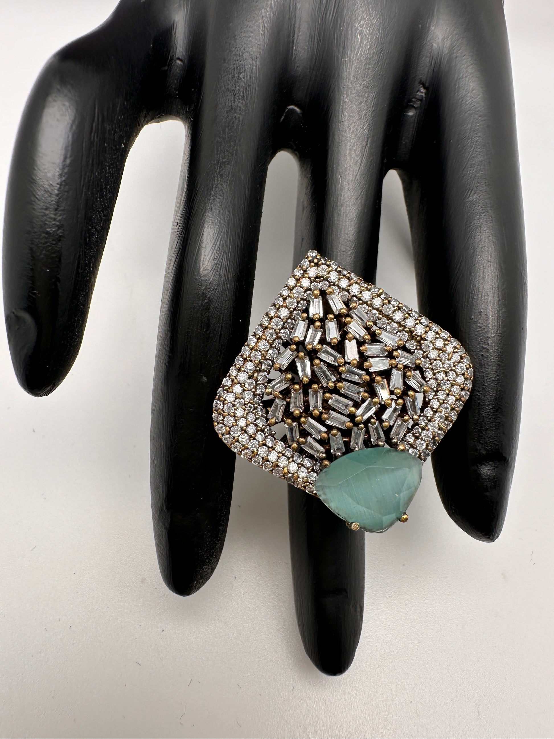 AD Silver Adjustable Color Stone Cocktail lRing - LightGreen