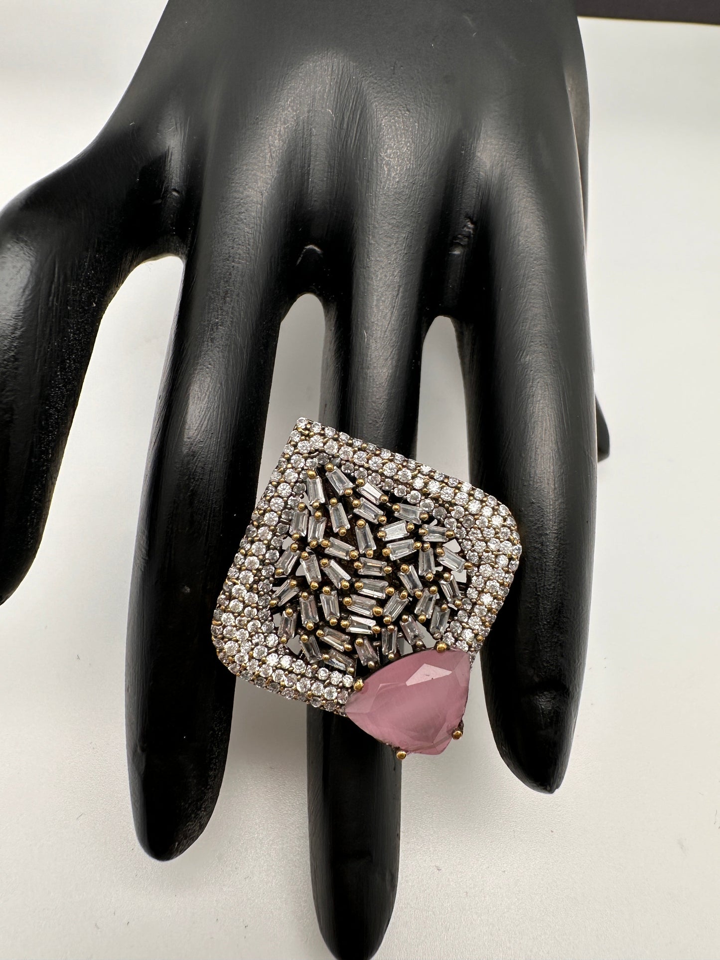 AD Silver Adjustable Color Stone Cocktail lRing - Pink