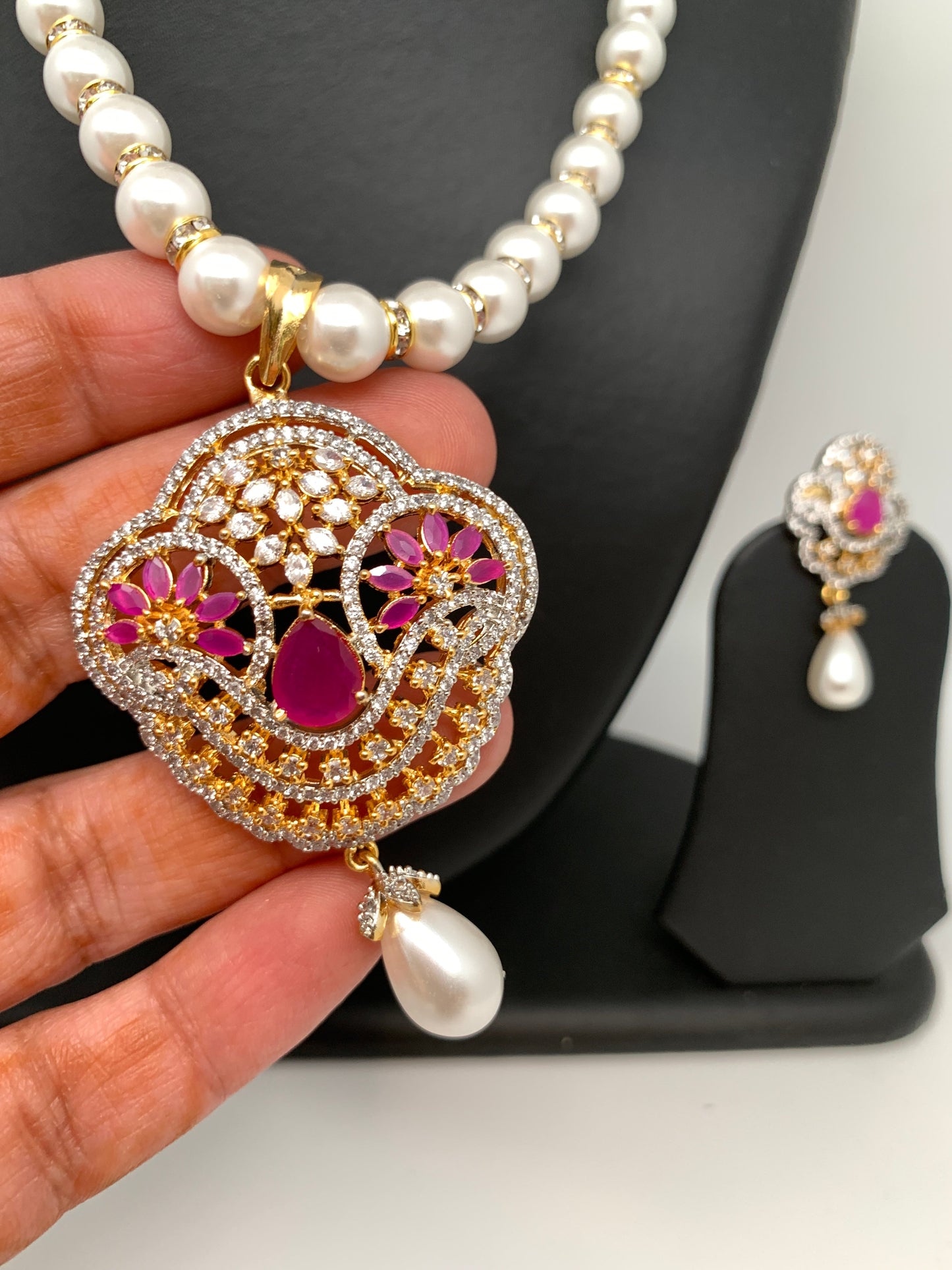 Ruby Red Stone AD Pendent with Shell Pearl Necklace