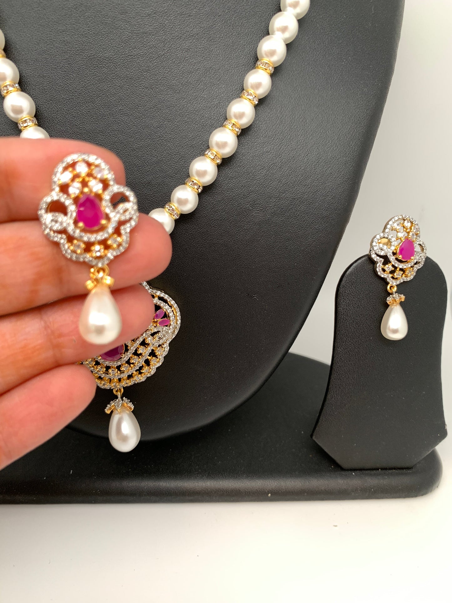 Ruby Red Stone AD Pendent with Shell Pearl Necklace