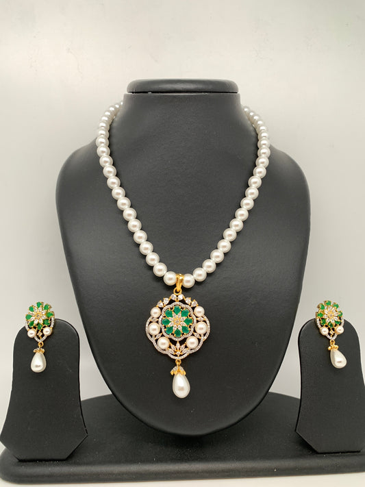 Green Stone AD Floral Pendent with Shell Pearl Necklace