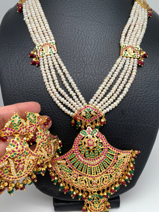 Red Green Stone Pendent Traditional Raani Haar with Real Pearls
