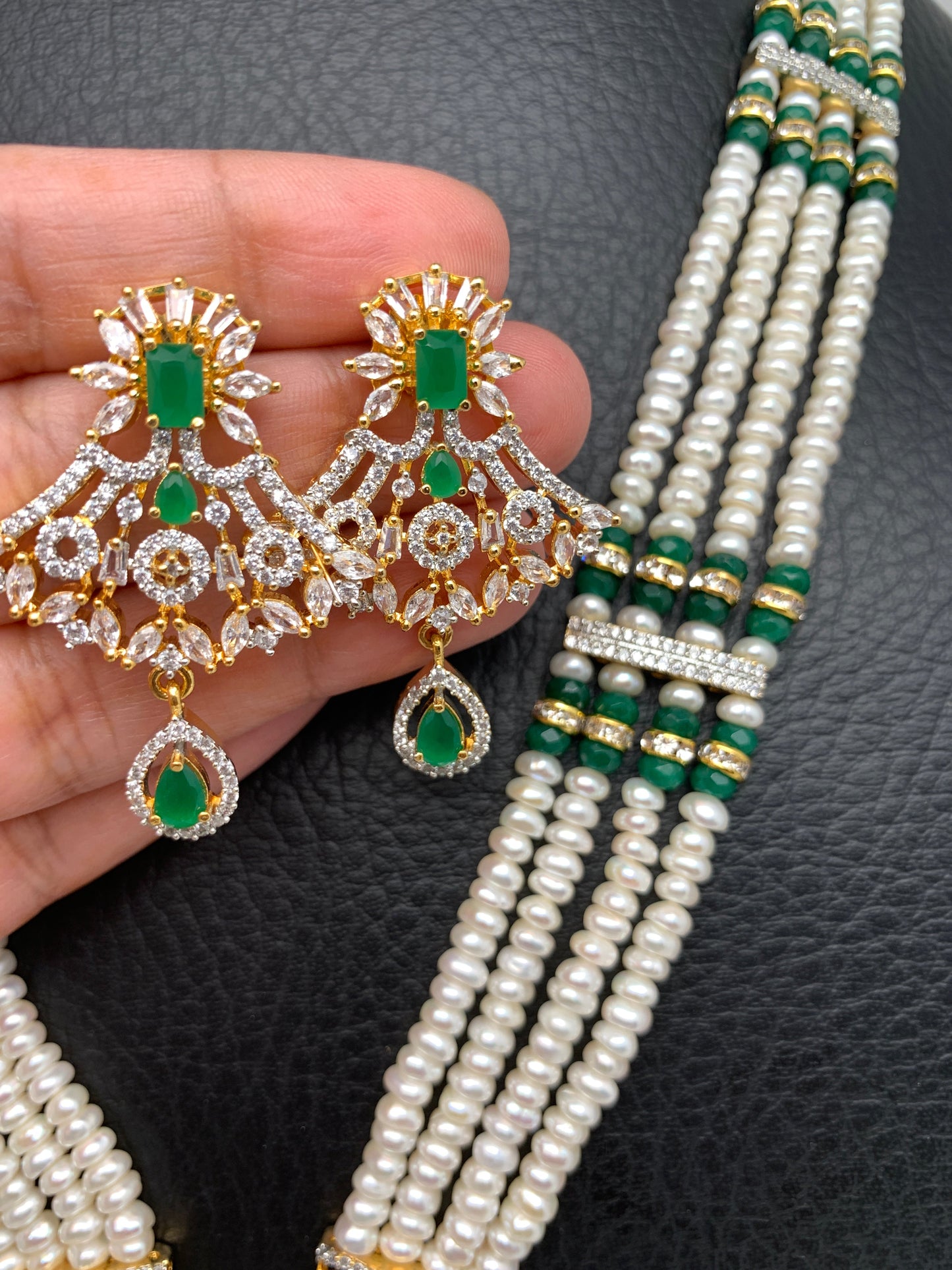 Green Stone AD Pendent Traditional Raani Haar with Real Pearls