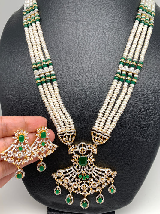 Green Stone AD Pendent Traditional Raani Haar with Real Pearls