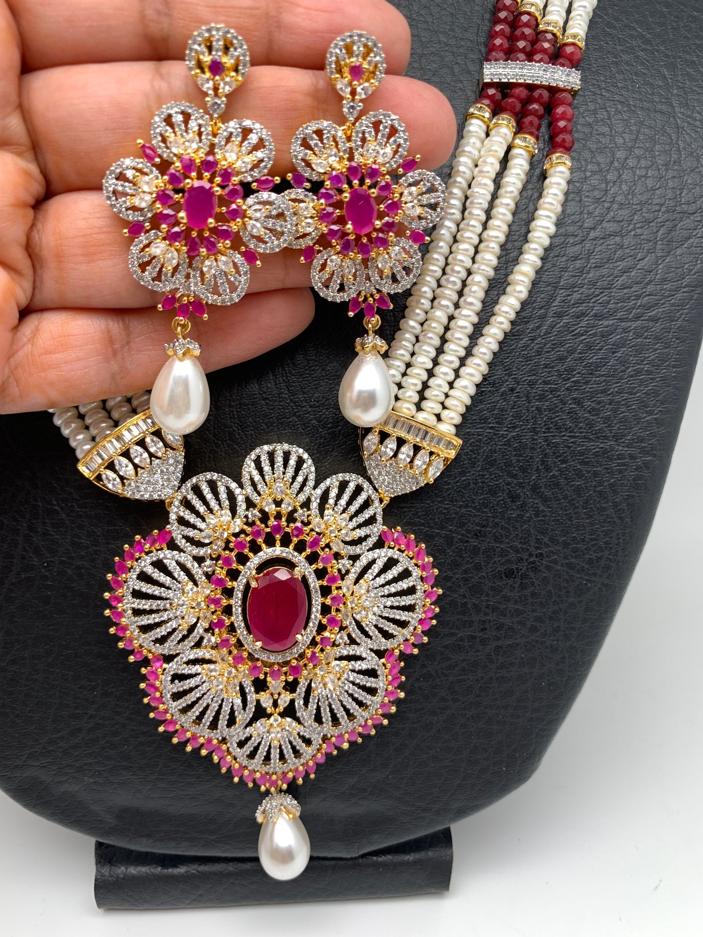 Ruby Red Stone AD Pendent Traditional Raani Haar with Real Pearls