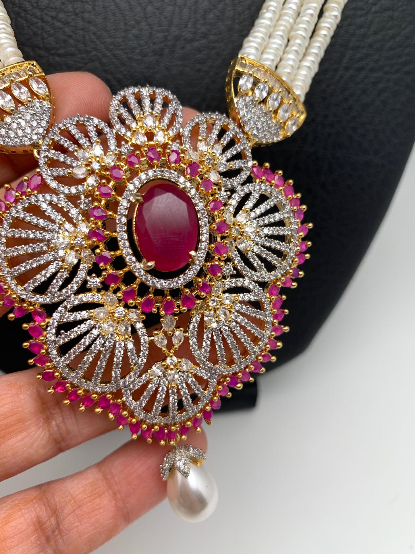 Ruby Red Stone AD Pendent Traditional Raani Haar with Real Pearls