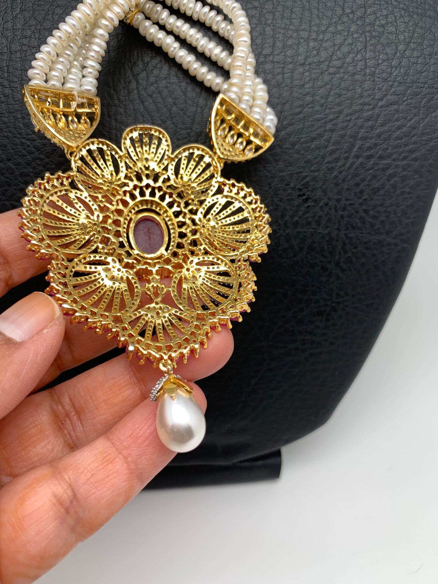 Ruby Red Stone AD Pendent Traditional Raani Haar with Real Pearls
