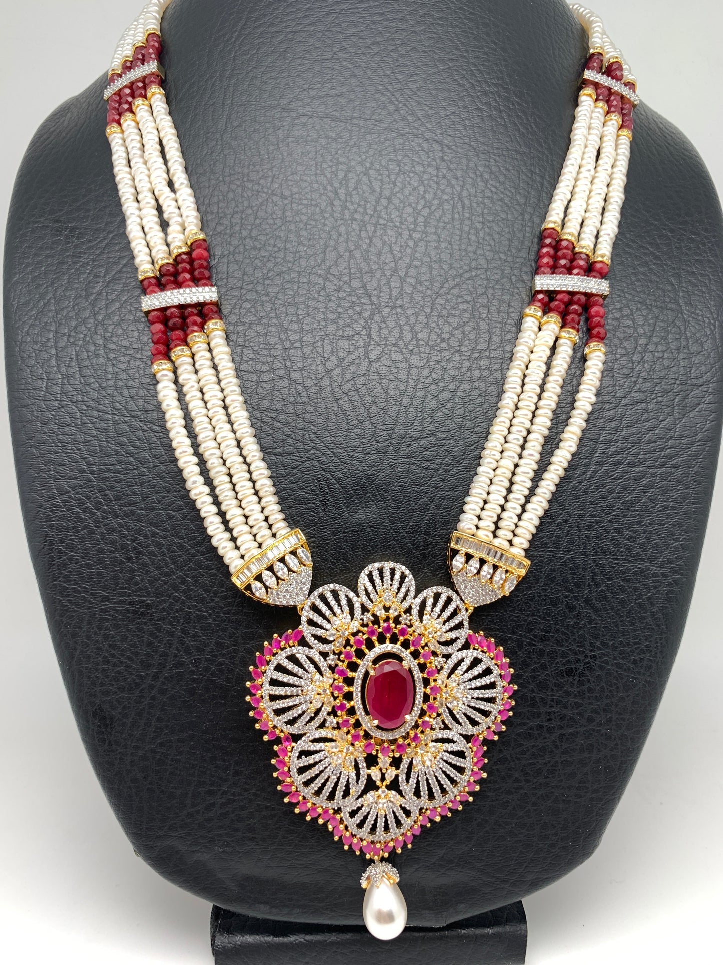 Ruby Red Stone AD Pendent Traditional Raani Haar with Real Pearls