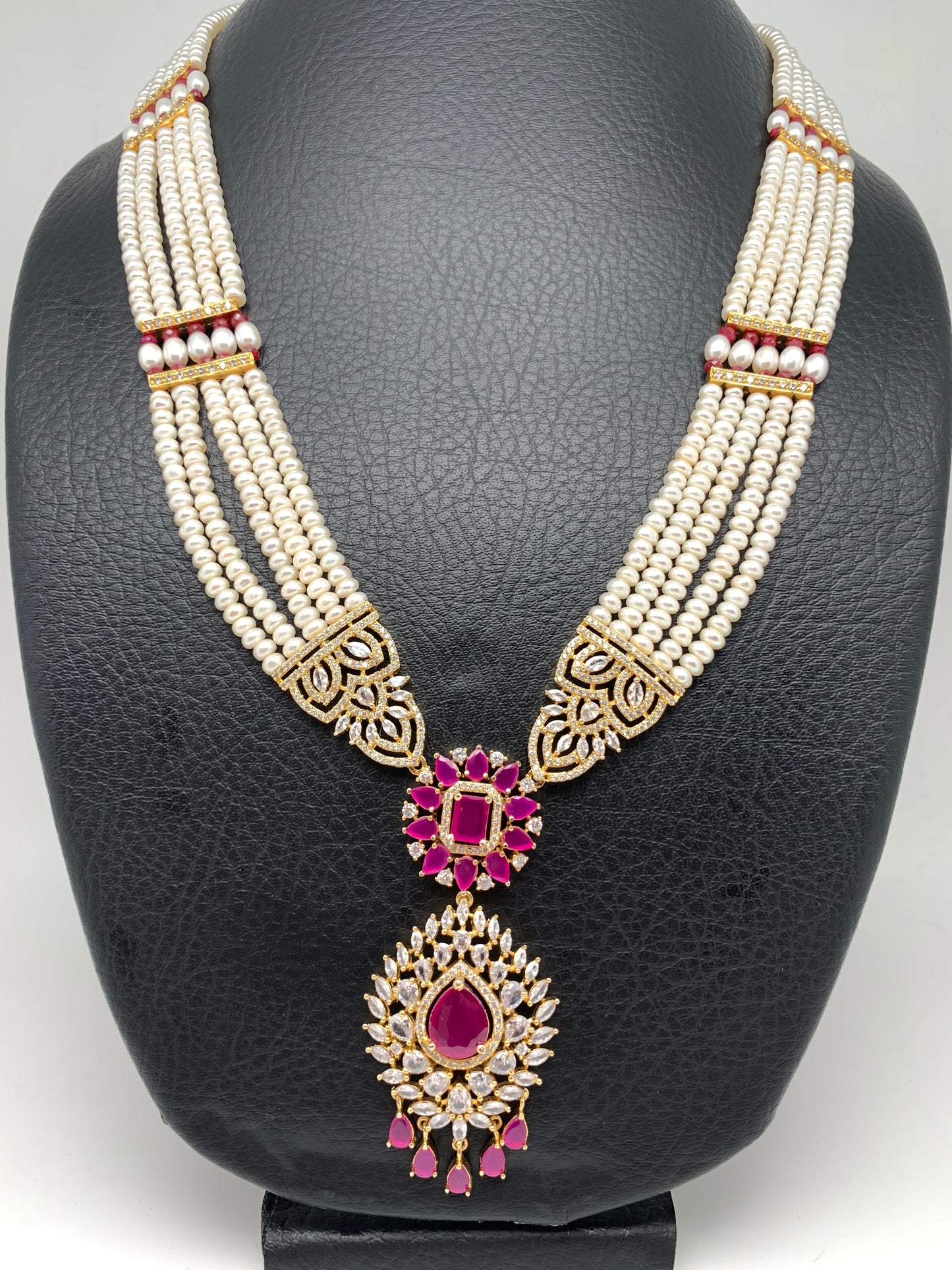 Ruby Red Stone AD Pendent Traditional Raani Haar with Real Pearls
