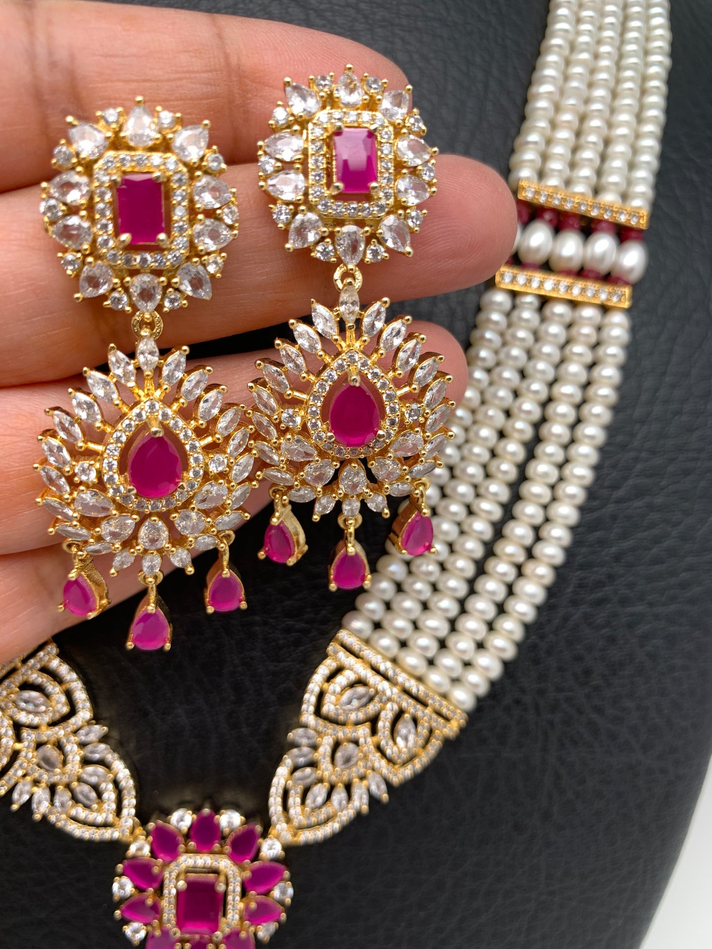 Ruby Red Stone AD Pendent Traditional Raani Haar with Real Pearls