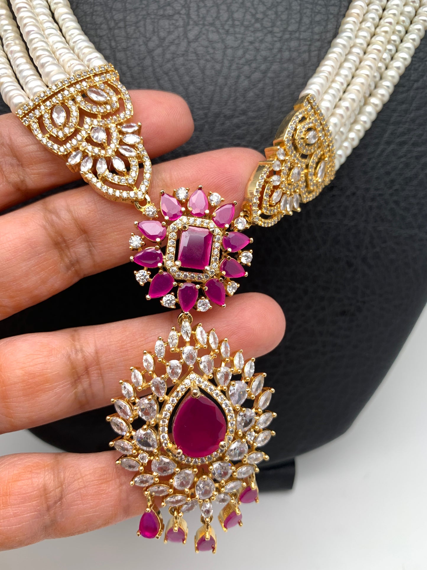 Ruby Red Stone AD Pendent Traditional Raani Haar with Real Pearls