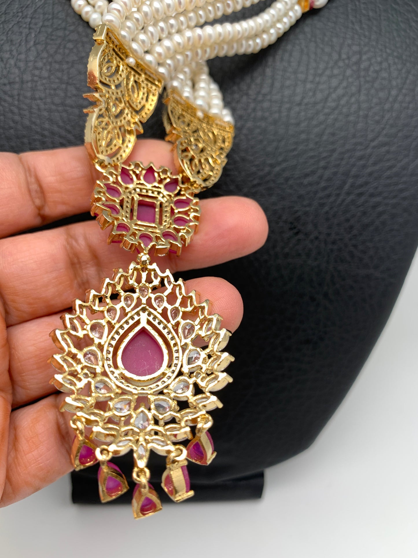 Ruby Red Stone AD Pendent Traditional Raani Haar with Real Pearls