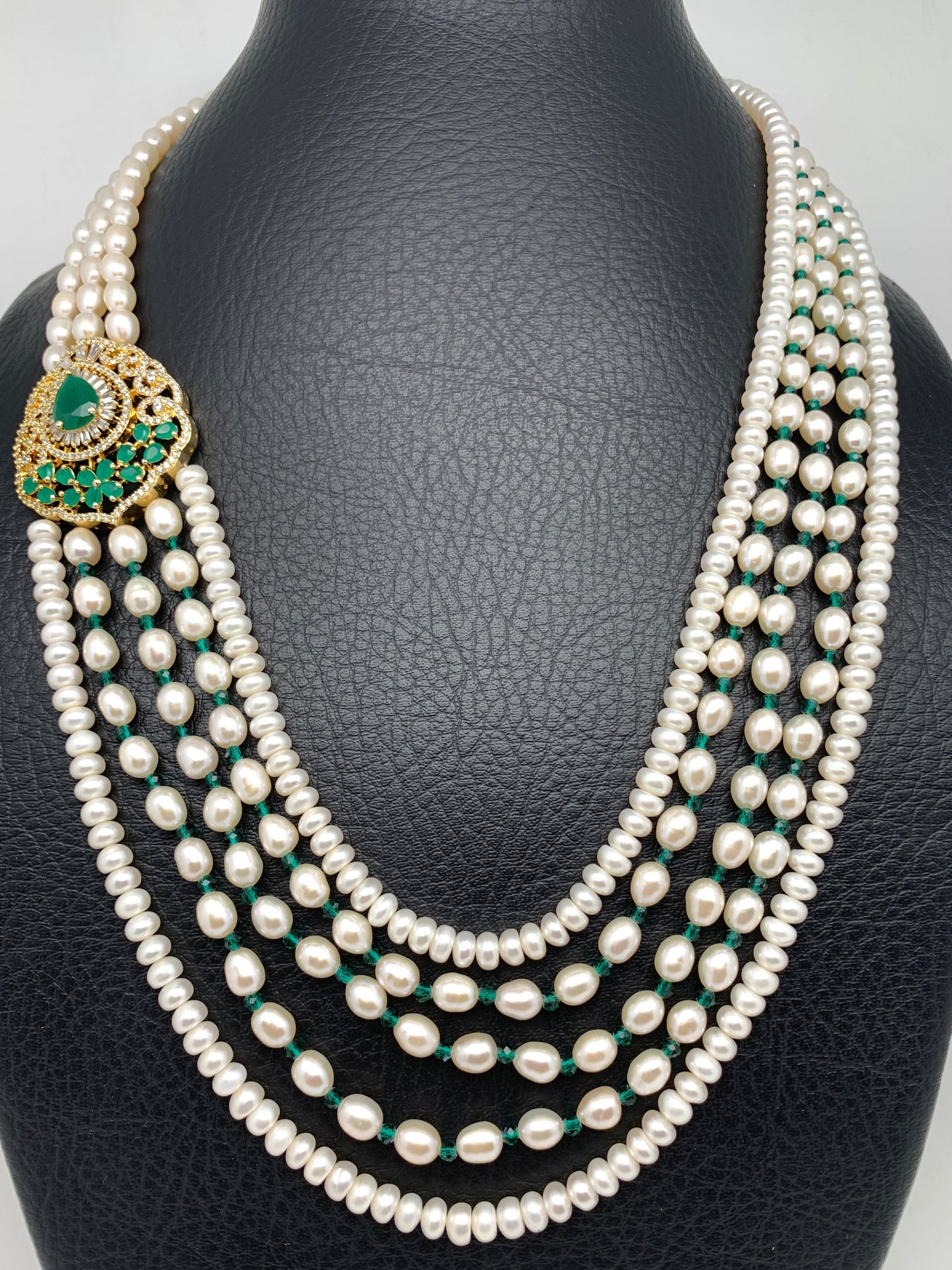 Emrald Green Stone AD Side Pendent Traditional 5 Strand Raani Haar with Real Pearls