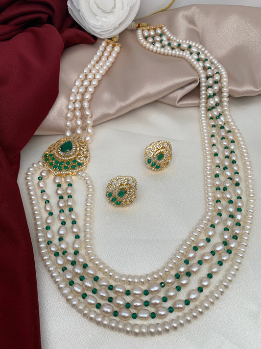 Emrald Green Stone AD Side Pendent Traditional 5 Strand Raani Haar with Real Pearls
