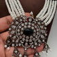 Shell Pearl Raani Haar with Victorian Polish Blue Stone Moissanite Pendent