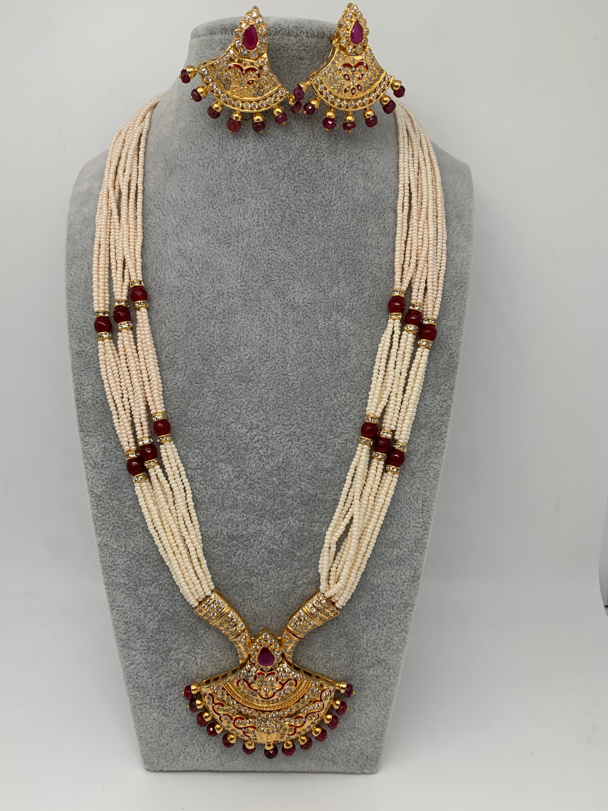 Small Pearl Rani Haar with CZ Red Stone Pendent - Main Image