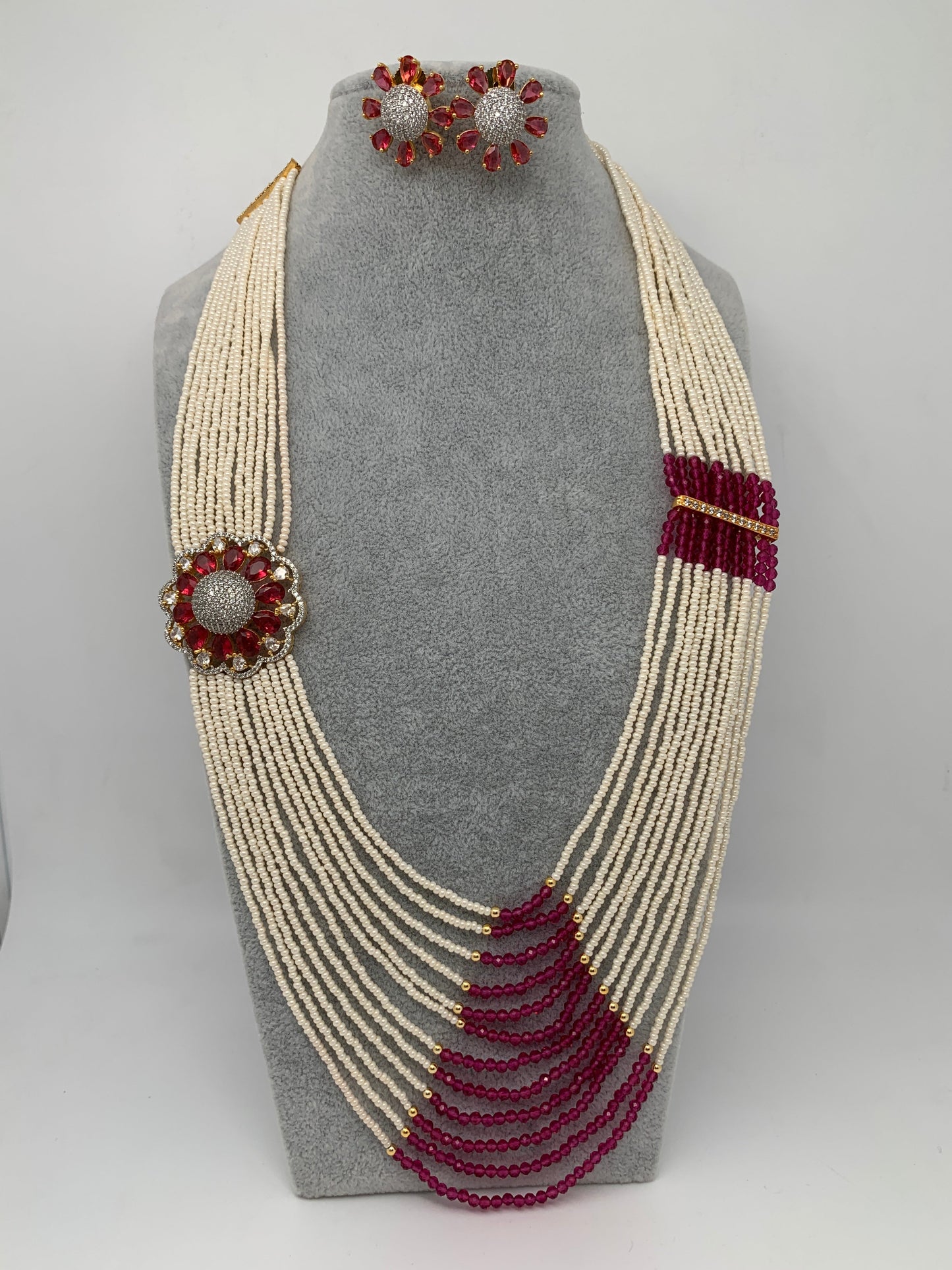 Small Pearl Rani Haar with CZ Wine Red Stone Side Pendent