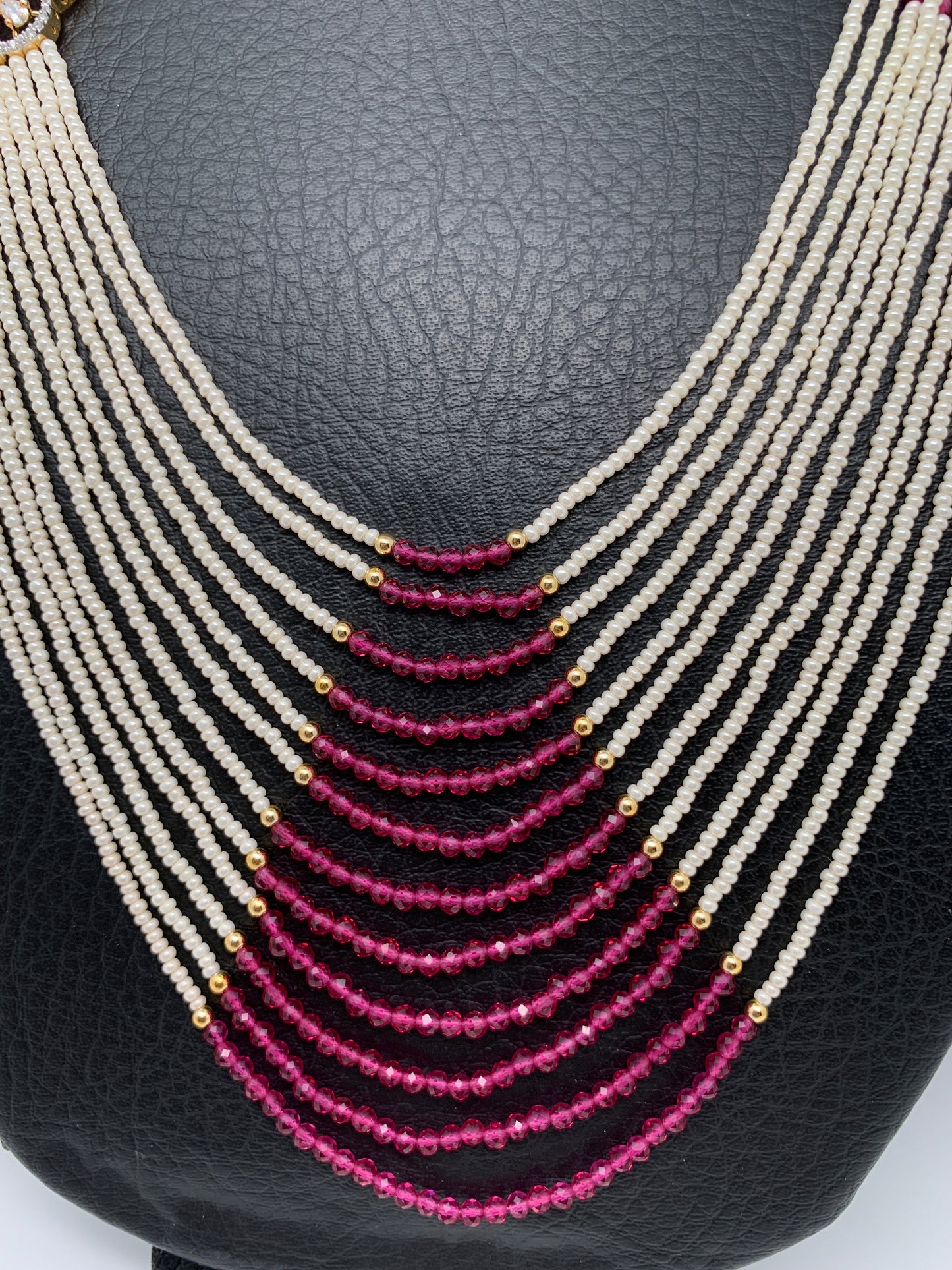 Small Pearl Rani Haar with CZ Wine Red Stone Side Pendent