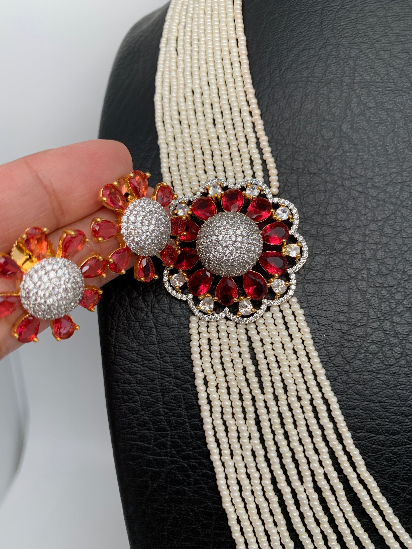 Small Pearl Rani Haar with CZ Wine Red Stone Side Pendent