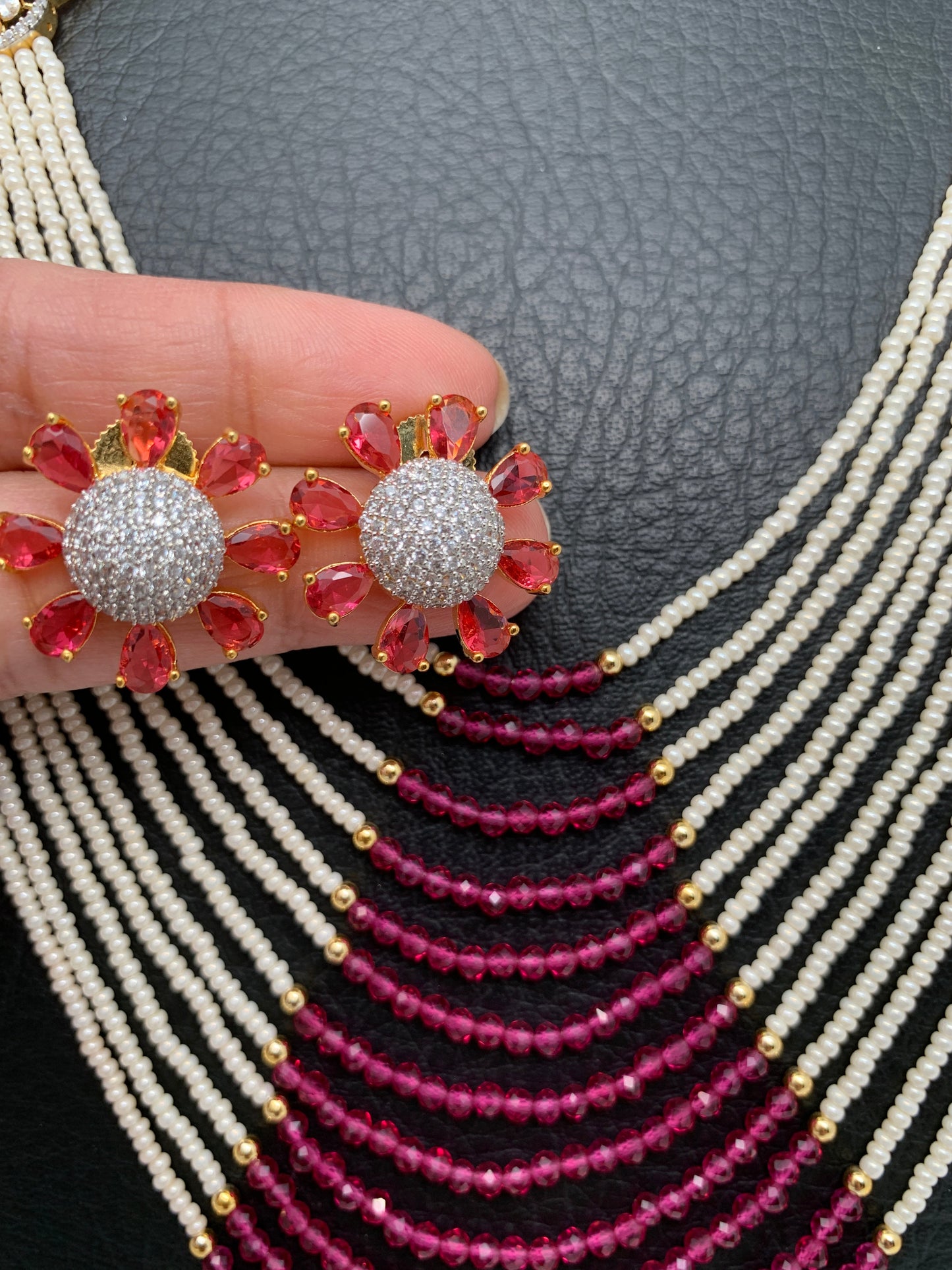 Small Pearl Rani Haar with CZ Wine Red Stone Side Pendent