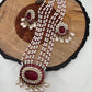 Polki Red Carved Stone Victorian Polish Pendent Pearl Mala Necklace