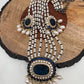 Polki Blue Carved Stone Victorian Polish Pendent Pearl Mala Necklace