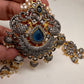 AD Blue Stone Pendent Rice Pearl Mala