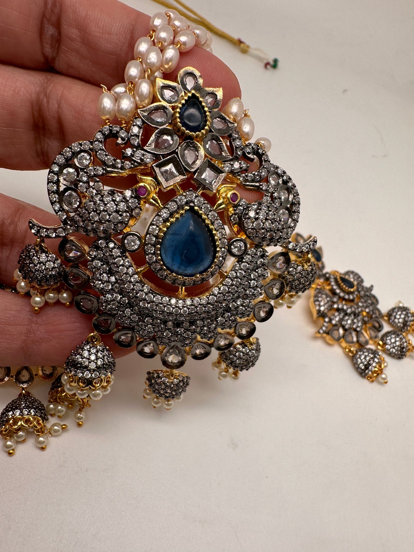 AD Blue Stone Pendent Rice Pearl Mala
