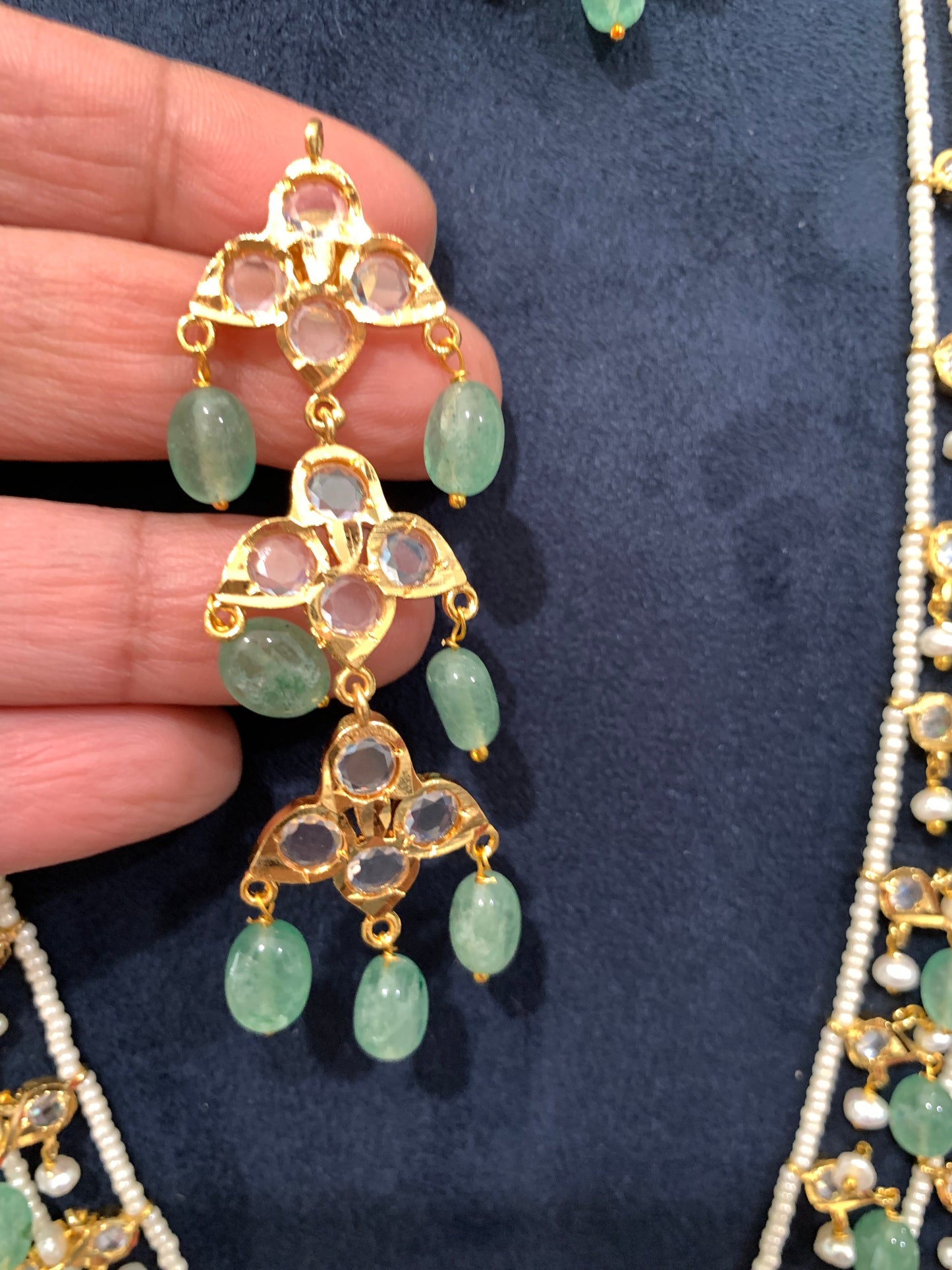 Multi Layer Three line Green Stone Real Emerald Beads Necklace