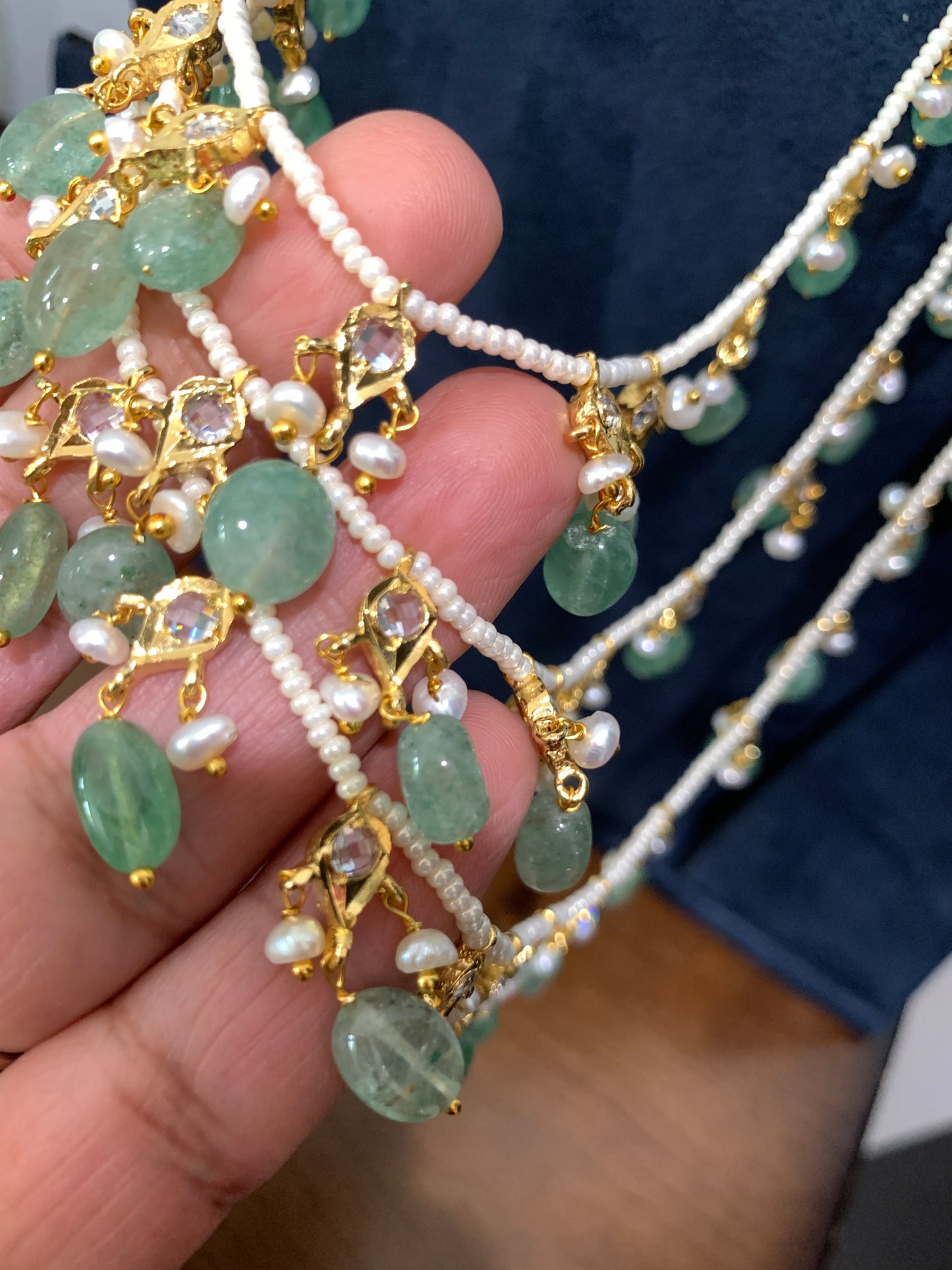 Multi Layer Three line Green Stone Real Emerald Beads Necklace