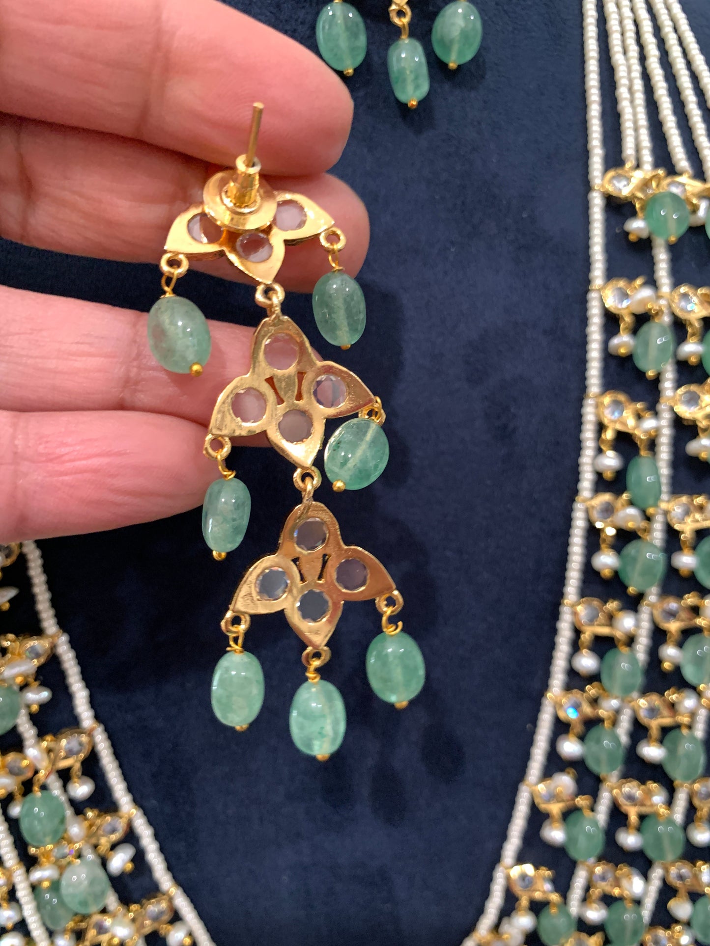 Multi Layer Three line Green Stone Real Emerald Beads Necklace