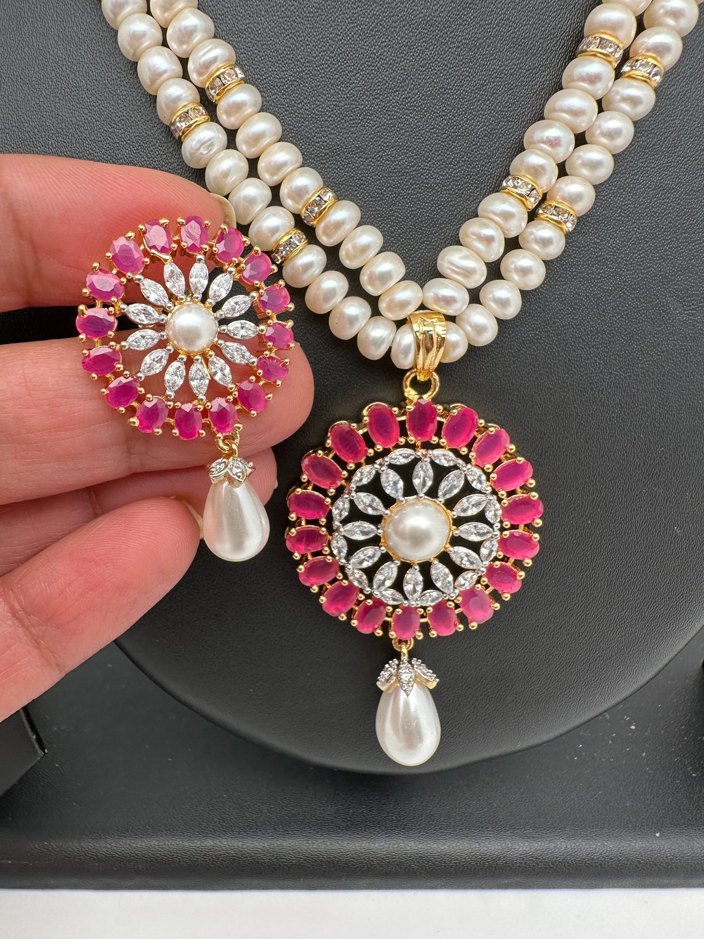 Ruby Red Stone AD Pendent Double Line Real Freshwater Pearls Necklace